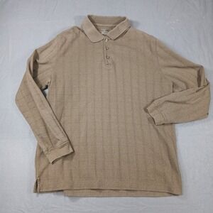 Van Heusen Polo Shirt Mens Large Brown Long Sleeve Grid Textured Cotton Blend